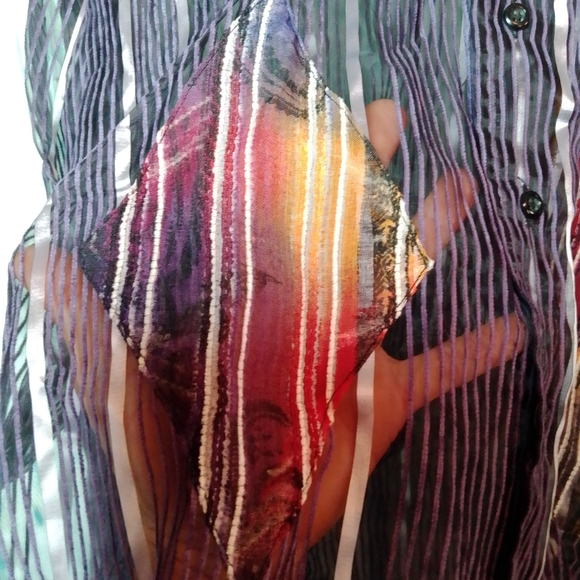 James Lord James Lord vertical striped sheer breezy button down shirt purple 2x - Picture 6 of 8